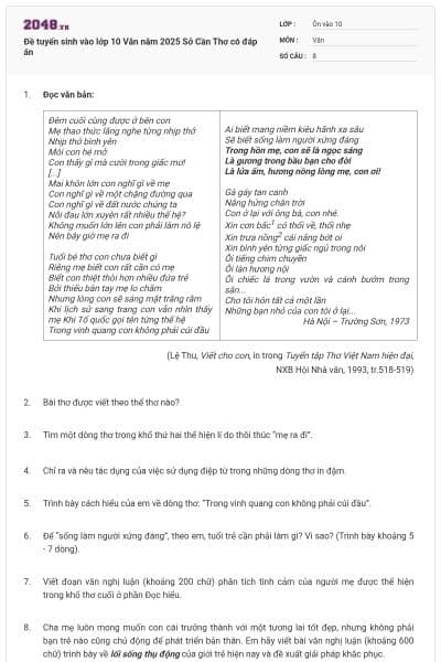 Đề tuyển sinh vào lớp 10 Văn năm 2025 Sở Cần Thơ có đáp án