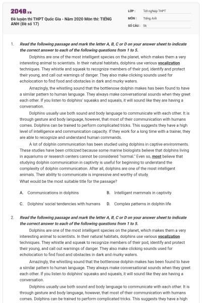 Đề luyện thi THPT Quốc Gia - Năm 2020 Môn thi: TIẾNG ANH (Đề số 17)