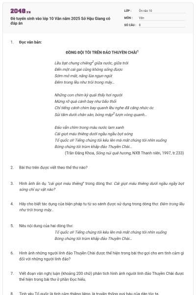 Đề tuyển sinh vào lớp 10 Văn năm 2025 Sở Hậu Giang có đáp án