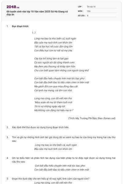 Đề tuyển sinh vào lớp 10 Văn năm 2025 Sở Hà Giang có đáp án