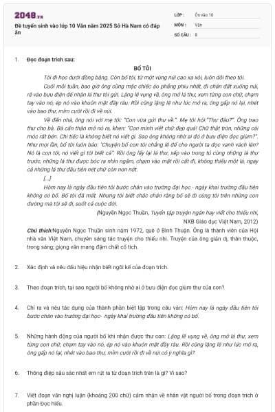 Đề tuyển sinh vào lớp 10 Văn năm 2025 Sở Hà Nam có đáp án