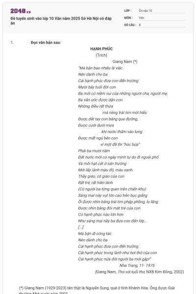 Đề tuyển sinh vào lớp 10 Văn năm 2025 Sở Hà Nội có đáp án