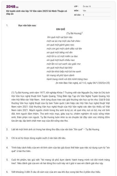 Đề tuyển sinh vào lớp 10 Văn năm 2025 Sở Ninh Thuận có đáp án