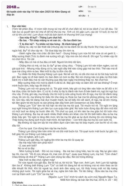 Đề tuyển sinh vào lớp 10 Văn năm 2025 Sở Kiên Giang có đáp án