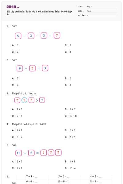 Bài tập cuối tuần Toán lớp 1 Kết nối tri thức Tuần 14 có đáp án