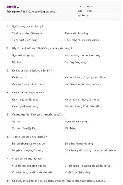 Trắc nghiệm Vật lí 10: Nguồn sáng, vật sáng