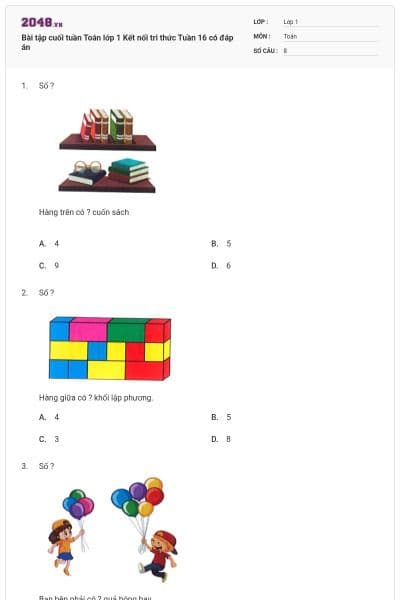 Bài tập cuối tuần Toán lớp 1 Kết nối tri thức Tuần 16 có đáp án