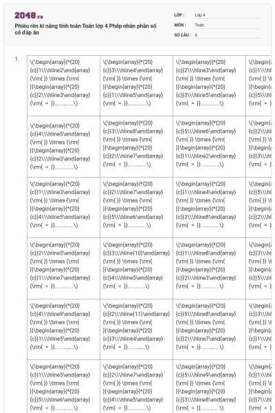 Phiếu rèn kĩ năng tính toán Toán lớp 4 Phép nhân phân số có đáp án