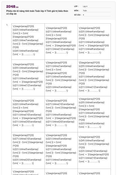 Phiếu rèn kĩ năng tính toán Toán lớp 4 Tính giá trị biểu thức có đáp án