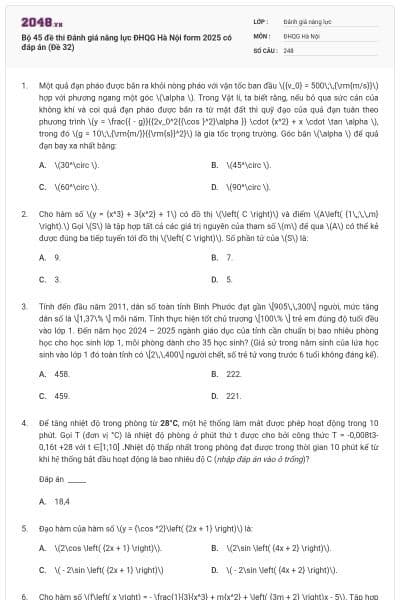 Bộ 45 đề thi Đánh giá năng lực ĐHQG Hà Nội form 2025 có đáp án (Đề 32)