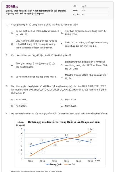 20 câu Trắc nghiệm Toán 7 Kết nối tri thức Ôn tập chương 5 (Đúng sai - Trả lời ngắn) có đáp án