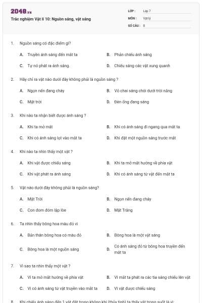 Trắc nghiệm Vật lí 10: Nguồn sáng, vật sáng