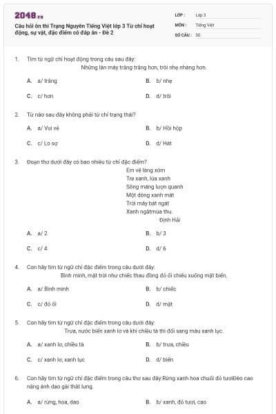 Câu hỏi ôn thi Trạng Nguyên Tiếng Việt lớp 3 Từ chỉ hoạt động, sự vật, đặc điểm có đáp án - Đề 2