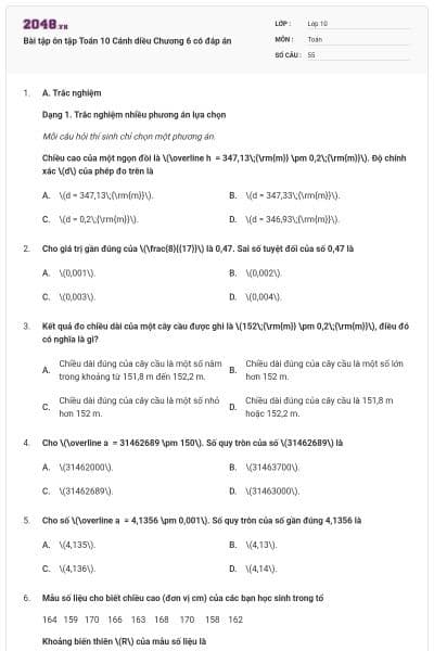 Bài tập ôn tập Toán 10 Cánh diều Chương 6 có đáp án