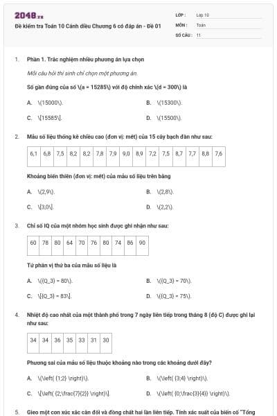 Đề kiểm tra Toán 10 Cánh diều Chương 6 có đáp án - Đề 01