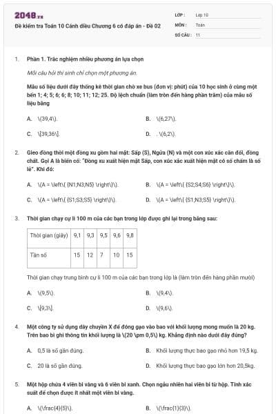 Đề kiểm tra Toán 10 Cánh diều Chương 6 có đáp án - Đề 02