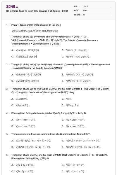 Đề kiểm tra Toán 10 Cánh diều Chương 7 có đáp án - Đề 01
