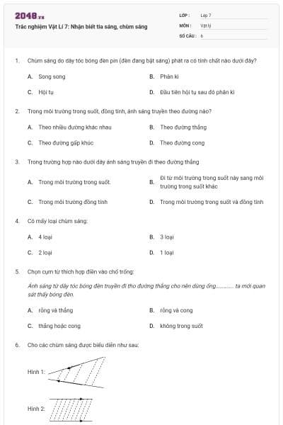 Trắc nghiệm Vật Lí 7: Nhận biết tia sáng, chùm sáng