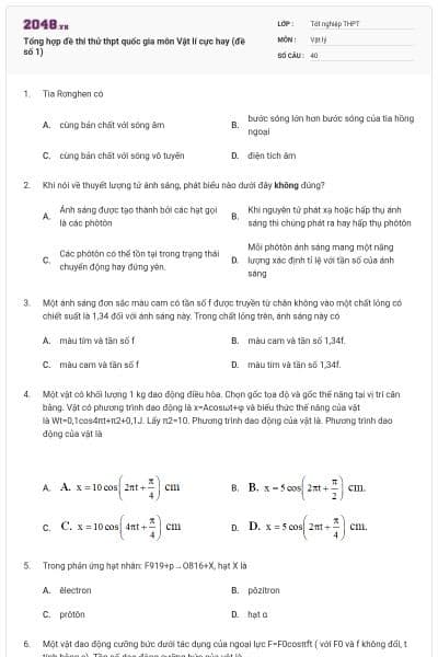 Tổng hợp đề thi thử thpt quốc gia môn Vật lí cực hay (đề số 1)