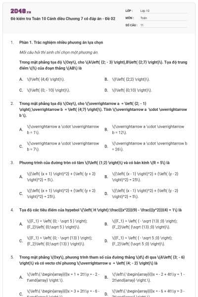 Đề kiểm tra Toán 10 Cánh diều Chương 7 có đáp án - Đề 02