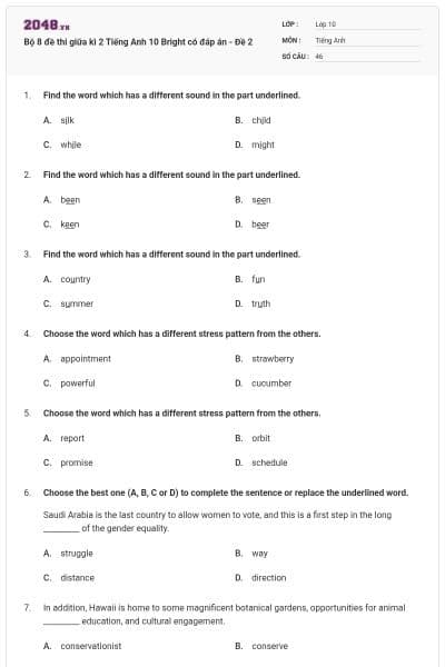 Bộ 8 đề thi giữa kì 2 Tiếng Anh 10 Bright có đáp án - Đề 2