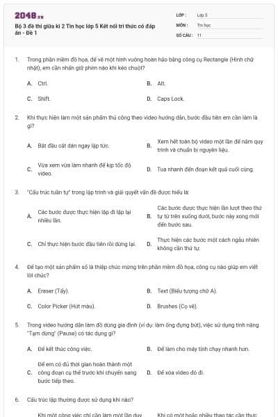 Bộ 3 đề thi giữa kì 2 Tin học lớp 5 Kết nối tri thức có đáp án - Đề 1