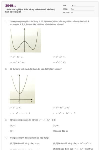 19 câu trắc nghiệm: Khảo sát sự biến thiên và vẽ đồ thị hàm số có đáp án