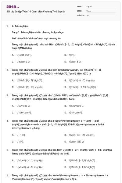 Bài tập ôn tập Toán 10 Cánh diều Chương 7 có đáp án