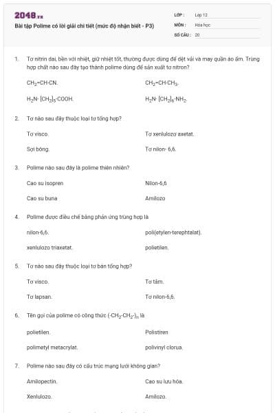 Bài tập Polime có lời giải chi tiết (mức độ nhận biết - P3)