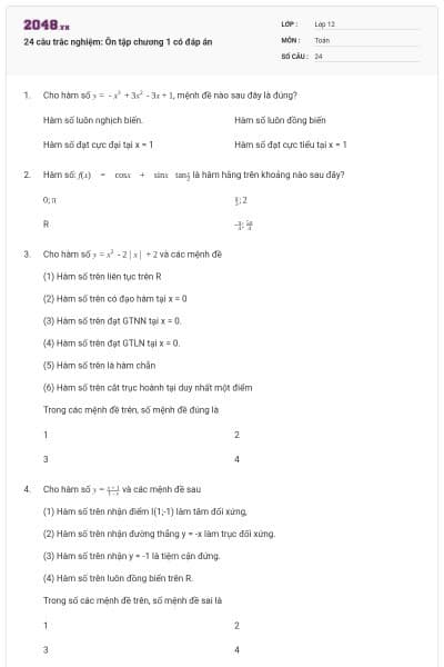 24 câu trắc nghiệm: Ôn tập chương 1 có đáp án