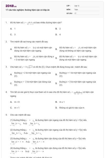 17 câu trắc nghiệm: Đường tiệm cận có đáp án
