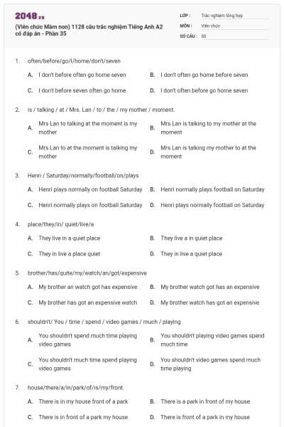 (Viên chức Mầm non) 1128 câu trắc nghiệm Tiếng Anh A2 có đáp án - Phần 35