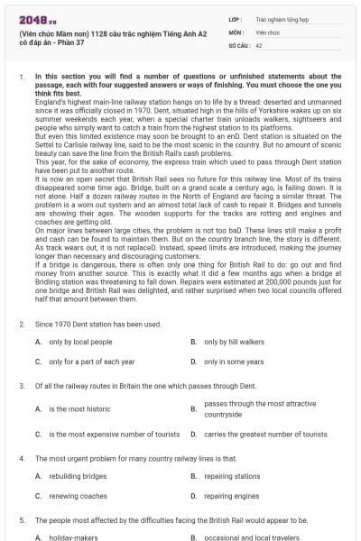 (Viên chức Mầm non) 1128 câu trắc nghiệm Tiếng Anh A2 có đáp án - Phần 37