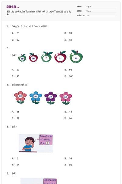 Bài tập cuối tuần Toán lớp 1 Kết nối tri thức Tuần 22 có đáp án