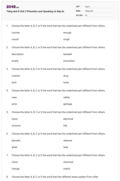Tiếng Anh 8 Unit 3 Phonetics and Speaking có đáp án