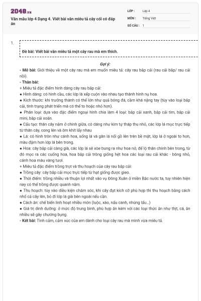 Văn mẫu lớp 4 Dạng 4. Viết bài văn miêu tả cây cối có đáp án
