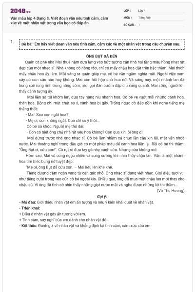 Văn mẫu lớp 4 Dạng 8. Viết đoạn văn nêu tình cảm, cảm xúc về một nhân vật trong văn học có đáp án