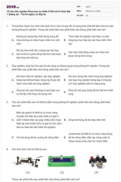 10 câu trắc nghiệm Khoa học tự nhiên 8 Kết nối tri thức Bài 1 (Đúng sai - Trả lời ngắn) có đáp án