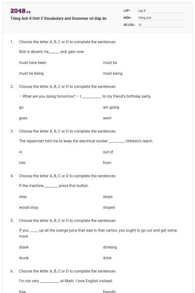 Tiếng Anh 8 Unit 3 Vocabulary and Grammar có đáp án