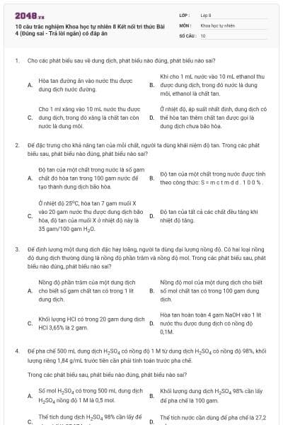 10 câu trắc nghiệm Khoa học tự nhiên 8 Kết nối tri thức Bài 4 (Đúng sai - Trả lời ngắn) có đáp án