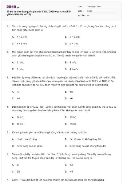 30 Đề thi thử thpt quốc gia môn Vật Lí 2020 cực hay nói lời giải chi tiết (Đề số 28)