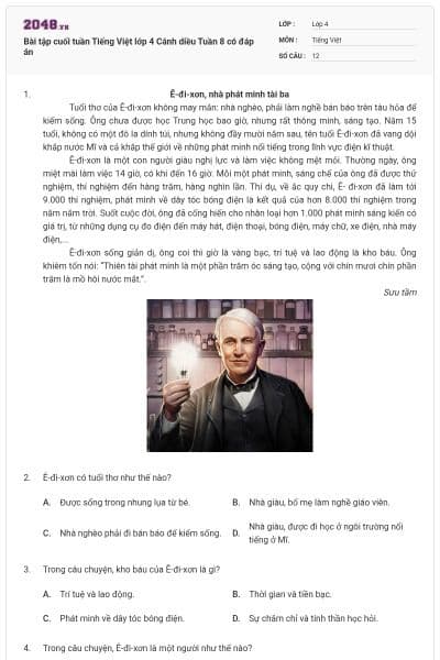 Bài tập cuối tuần Tiếng Việt lớp 4 Cánh diều Tuần 8 có đáp án