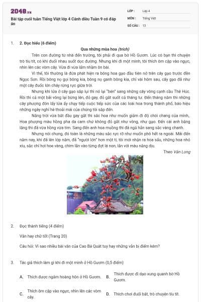 Bài tập cuối tuần Tiếng Việt lớp 4 Cánh diều Tuần 9 có đáp án