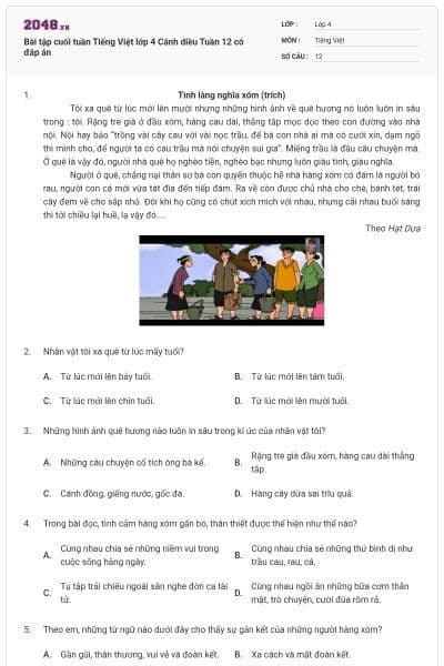 Bài tập cuối tuần Tiếng Việt lớp 4 Cánh diều Tuần 12 có đáp án