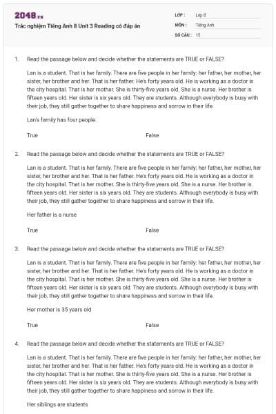 Trắc nghiệm Tiếng Anh 8 Unit 3 Reading có đáp án