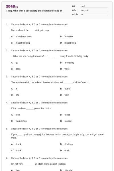 Tiếng Anh 8 Unit 3 Vocabulary and Grammar có đáp án