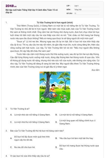 Bài tập cuối tuần Tiếng Việt lớp 4 Cánh diều Tuần 15 có đáp án