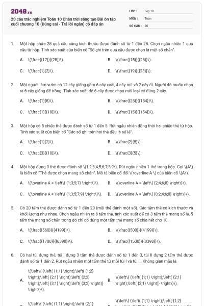 20 câu trắc nghiệm Toán 10 Chân trời sáng tạo Bài ôn tập cuối chương 10 (Đúng sai - Trả lời ngắn) có đáp án