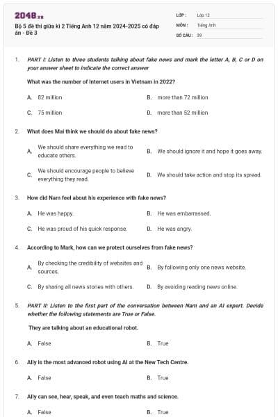 Bộ 5 đề thi giữa kì 2 Tiếng Anh 12 năm 2024-2025 có đáp án - Đề 3