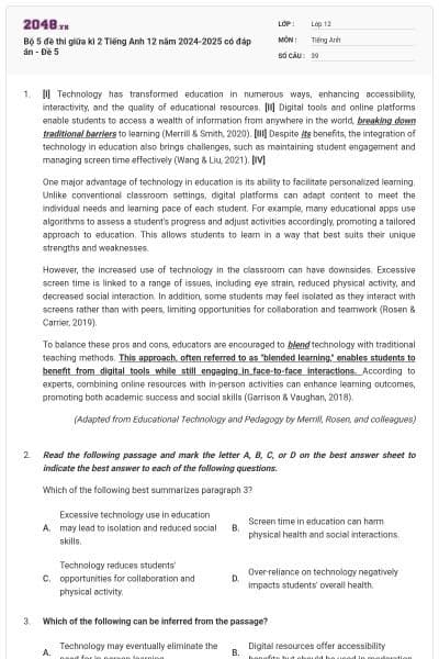 Bộ 5 đề thi giữa kì 2 Tiếng Anh 12 năm 2024-2025 có đáp án - Đề 5